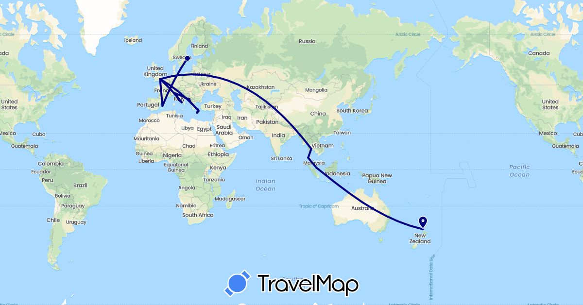 TravelMap itinerary: driving in Albania, Spain, United Kingdom, Greece, Croatia, Italy, Montenegro, New Zealand, Sweden, Singapore, Thailand (Asia, Europe, Oceania)